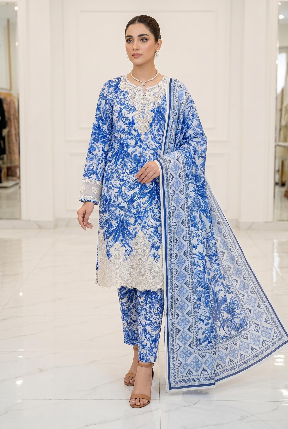 Original Stitched Binsaeed 3PC Embroidered Lawn Article 1