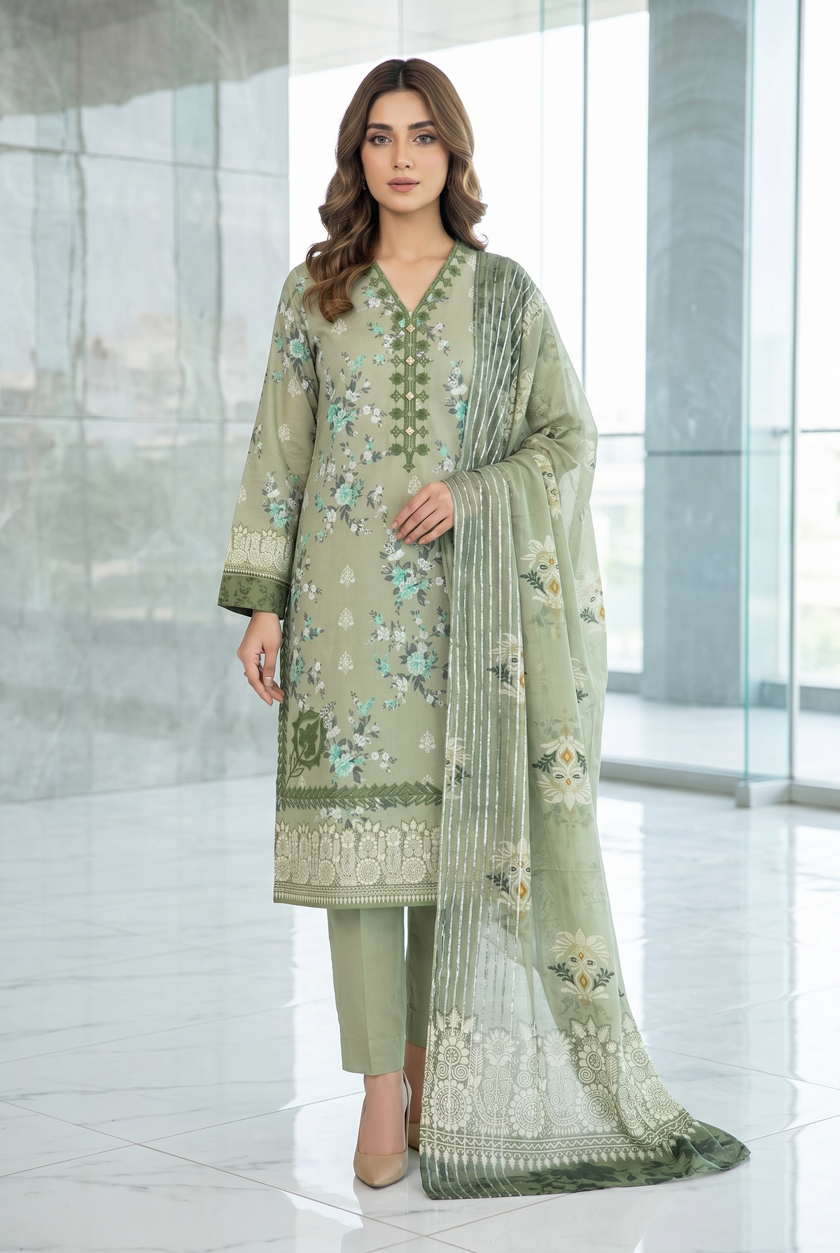 Original Stitched Binsaeed 3PC Embroidered Lawn Article 7
