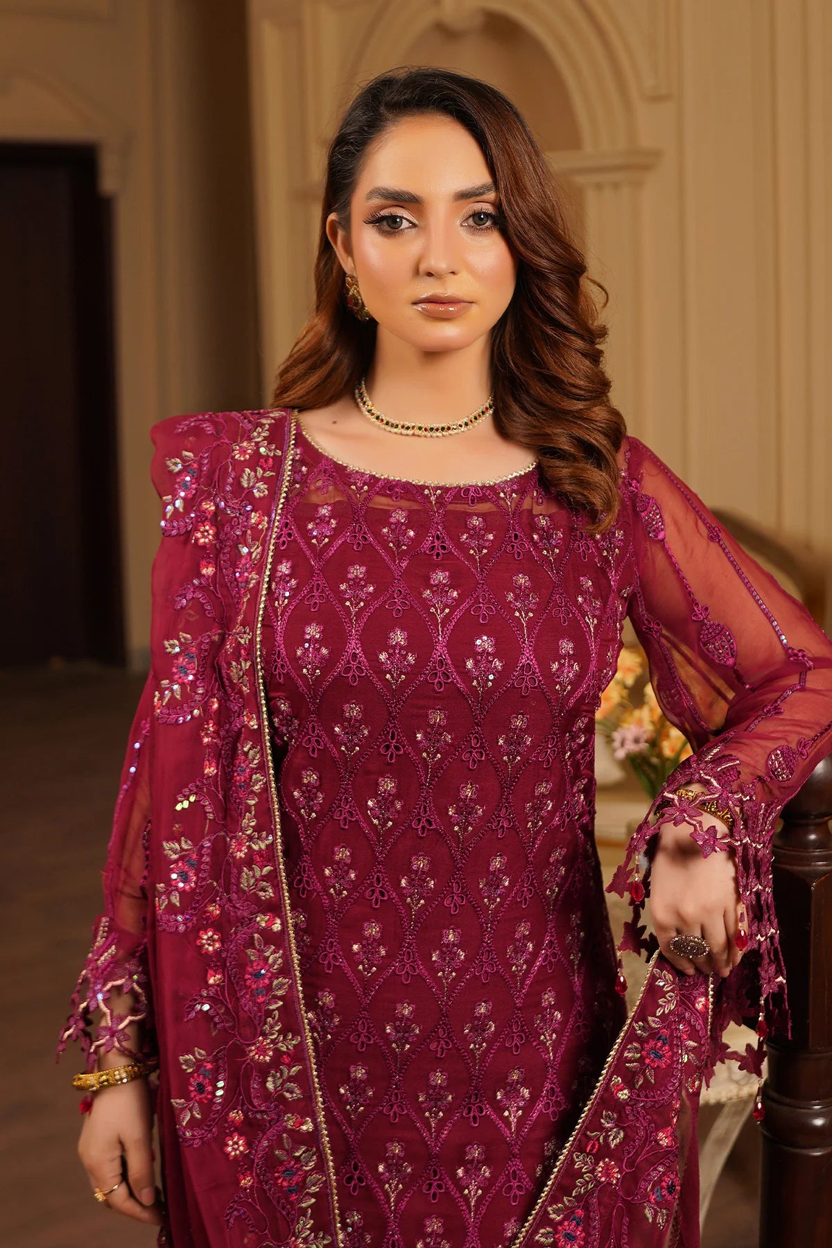 Luxury Embroidered Chiffon Unstitched 3PC Suit By Maryams