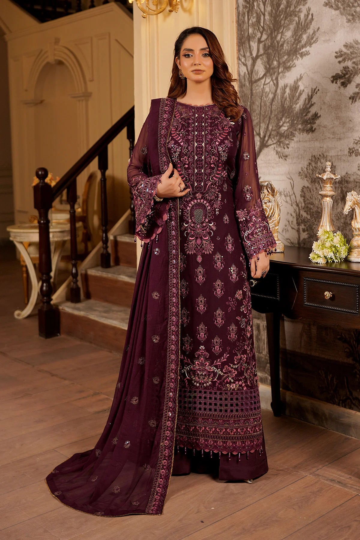 Luxury Embroidered Net Unstitched 3PC Suit By Maryams